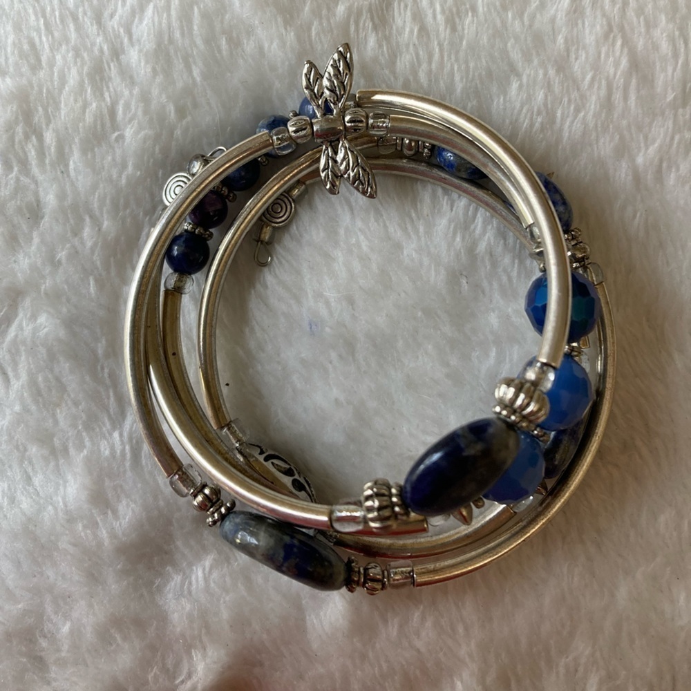 Wrap Around Beaded Bracelet with Dragonfly‎ Blue Beads Silver Tone